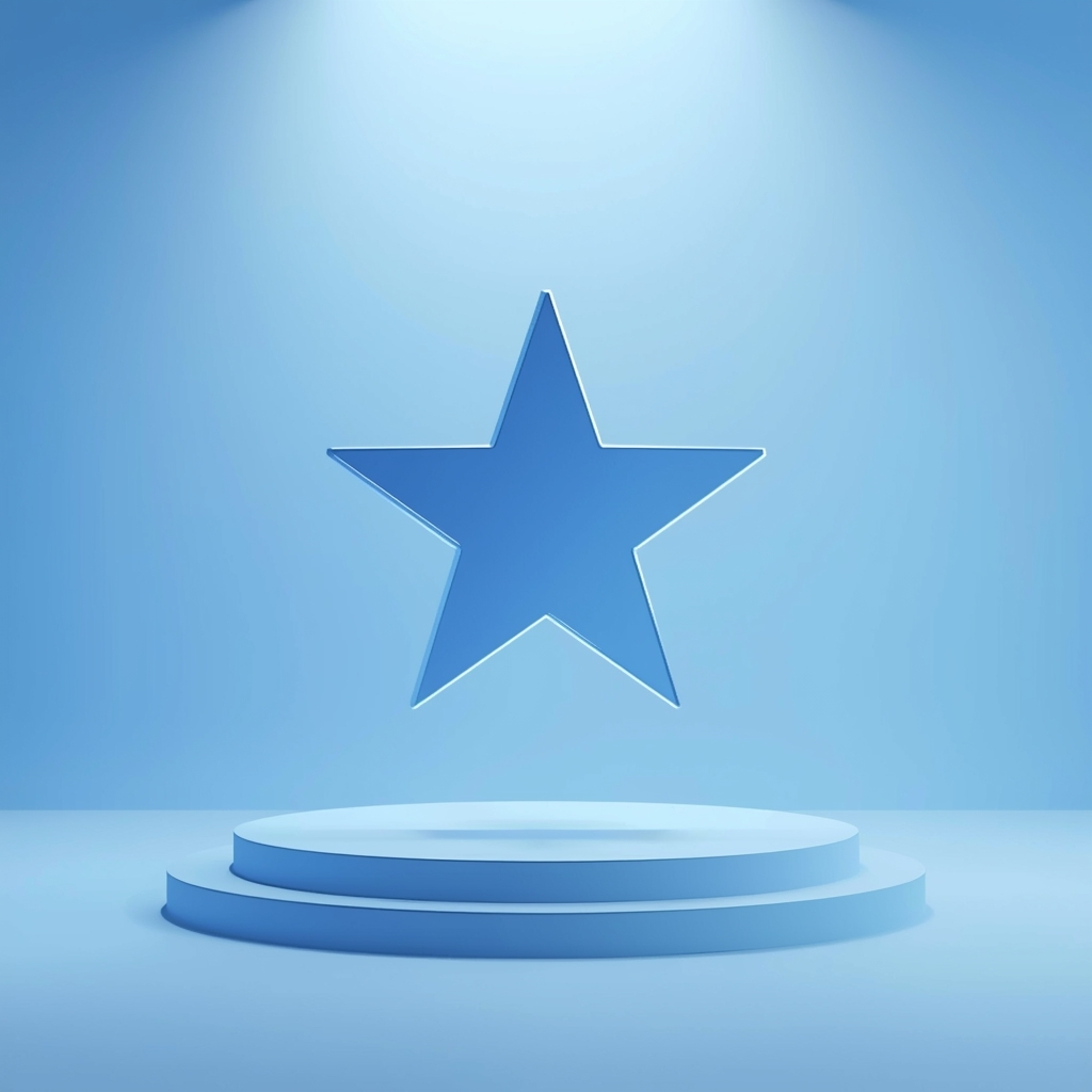 A sleek, futuristic star rating icon floating in a soft pastel blue studio environment, dramatic lighting, without human elements. (no woman image)